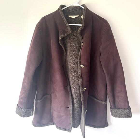 L.L. Bean Women’s Brown Faux Suede Button Up Pea Coat Sherpa Lining Chore Jacket - Picture 1 of 10